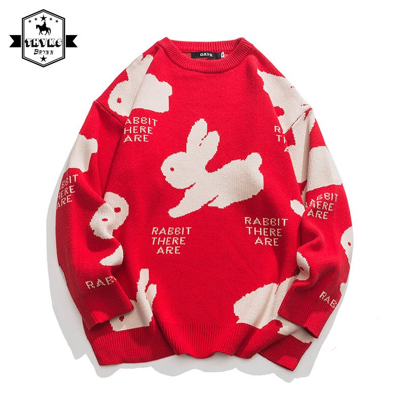 Winter Retro Christmas Sweater Men Cartoon Rabbit Knit Sweaters Casual Loose UniPullovers Couple Knitwears New Ropa Hombre